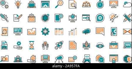 web development icons collection vector illustration line and fill Stock Vector