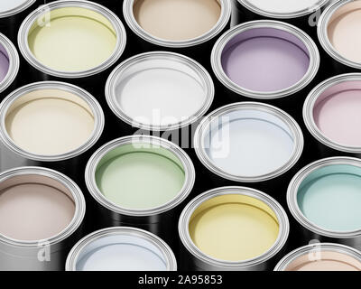 Paint cans full of soft, pastel colours. 3D illustration. Stock Photo