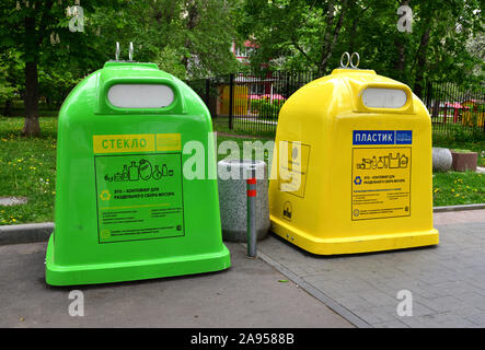 Moscow, Russia - May 14. 2019. Separate waste containers - a glass and plastic Stock Photo