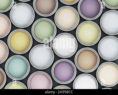 Paint cans full of soft, pastel colours. 3D illustration. Stock Photo
