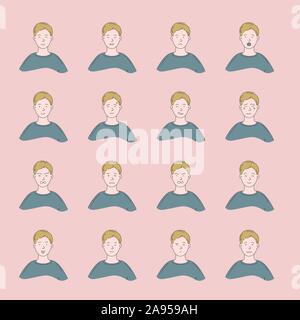 Young man with different facial expressions.Young boy smiling, happy, kind, unhappy face character.Set of man emotions.Facial expression.Lifestyle con Stock Vector