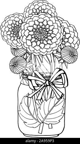 Hand drawn doodle style black and white bouquet of dahlia flowers in mason jar vase. isolated on white background. Stock Vector