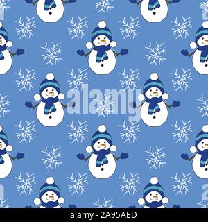 Christmas seamless pattern with snowman, fir trees and snowflakes. Perfect for wallpaper, wrapping paper, pattern fills, winter greetings, web page Stock Vector