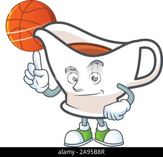 Gravy boat cartoon character with mascot holding basketball. Stock Vector