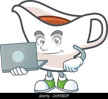 Gravy boat cartoon character with mascot with bring laptop. Stock Vector