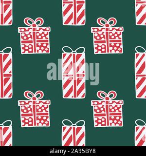 Seamless pattern with hand drawn doodle illustration of Christmas gift boxes. New Year and Christmas vector presents. Festive fabric. textile print te Stock Vector