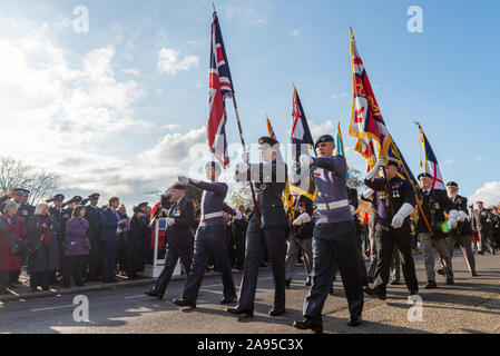 Cadets and veterans taking the salute from the mayor of Southend Cllr John Lamb on the dais after the Remembrance Sunday service at Southend Cenotaph Stock Photo