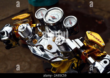 ANTIPOLO CITY, PHILIPPINES – NOVEMBER 8, 2019: Stripped down modified motorcycle at a garage. Stock Photo