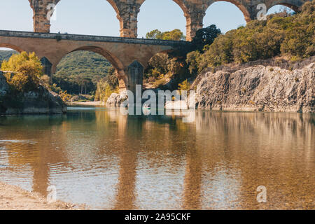 View of the Gardon riverbed not far from the Pont du Gard aqueduct Stock Photo