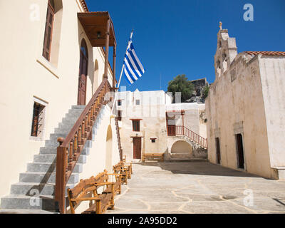 Preveli, Rethymno, Crete, Greece. Courtyard of the Upper Preveli Monastery. Stock Photo