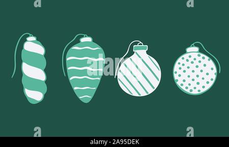Vector hand drawn doodle illustration of Christmas tree ornaments set. New Year and Christmas tree decoration isolated on dark green background. Desig Stock Vector