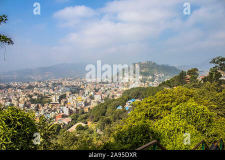 View of part of Kathmandu taken from the hill of Swayambhu Stupa, or Monkey Temple, in Kathmandu city. Stock Photo