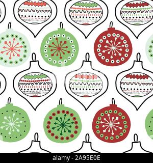 Vector hand drawn doodle Christmas tree ornaments seamless pattern. Repeating background illustration New Year and Christmas tree decoration black Stock Vector