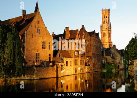 Dijver Canal, Blue Hour, Bruges, Vlaanderen, Belgium Stock Photo