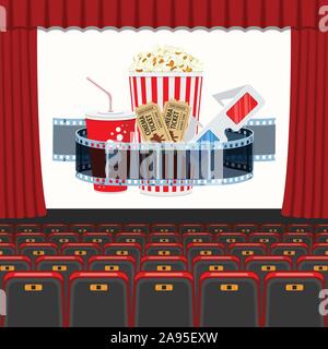 cinema auditorium with seats and popcorn Stock Vector