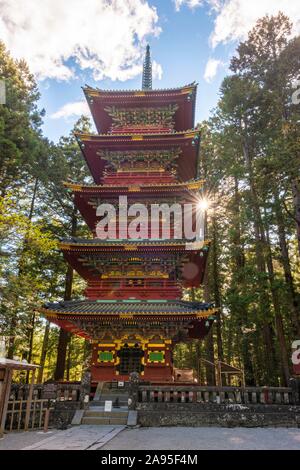 Decorated five-storey pagoda, Toshogu Gojunoto, Nikko, Japan Stock Photo
