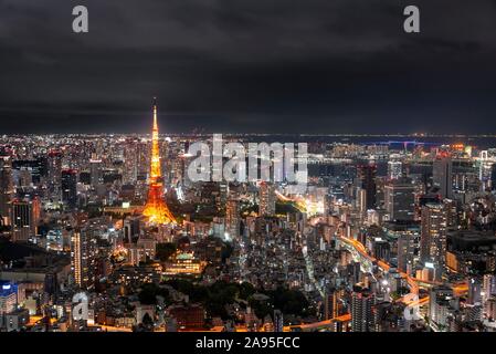 View from Roppongi Hills, city view from Tokyo at night, skyscrapers, Tokyo Tower, Tokyo, Japan Stock Photo
