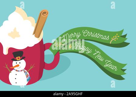 Vector illustration Christmas eggnog latte with whipped cream, cinnamon stick in red mug with snowman and Merry Christmas and Happy New Year ribbon. Stock Vector