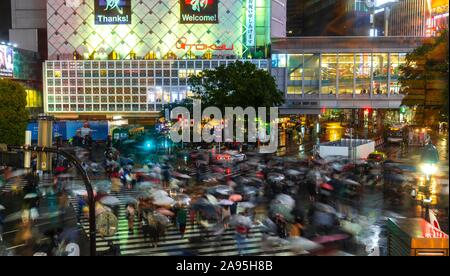 Crowd with umbrellas on zebra crossings at night, crossing Shibuya Crossing, Shibuya, Tokyo, Japan Stock Photo