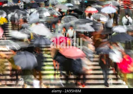 Crowd with umbrellas on zebra crossings at night, motion blur, Shibuya Crossing, Shibuya, Tokyo, Japan Stock Photo