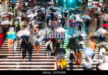 Crowd with umbrellas on zebra crossings at night, motion blur, Shibuya Crossing, Shibuya, Tokyo, Japan Stock Photo