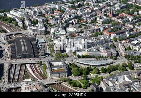 Aerial view, main station, reception building and platform hall, central bus station, ZOB, St. Georg district, Hamburg, Germany Stock Photo