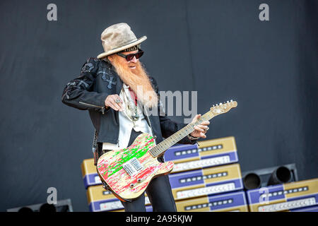 Solvesborg, Sweden. 07th, June 2019. The American rock band ZZ Top performs a live concert during the Swedish music festival Sweden Rock Festival 2019. Here singer and guitarist Billy Gibbons is seen live on stage. (Photo credit: Gonzales Photo - Terje Dokken). Stock Photo