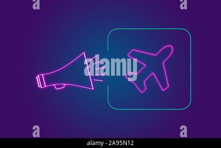 Airplane Symbol with neon colors agains purple gradient background. Business, finance, technology and environmental concepts over trendy purple pink b Stock Photo