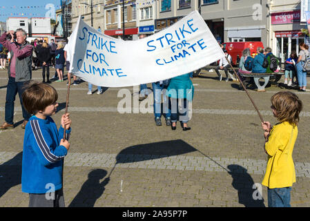 Children participating in the Extinction Rebellion climate strike in Truro City City in Cornwall. Stock Photo