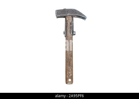 An old, classic, rust-covered metal hammer with a wooden handle, isolated on a white background with a clipping path. Stock Photo