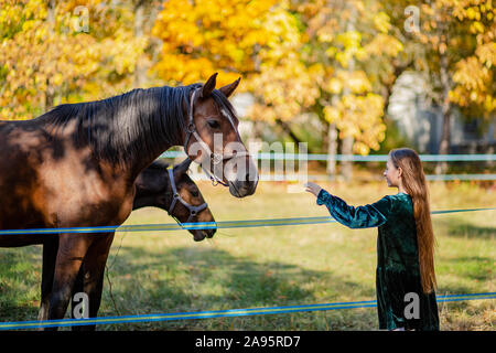 Girl standing outside the horse stable with rows of stall windows ...