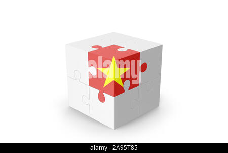 Vietnamese Flag Puzzle on 3d cube against isolated white background. Realistic 3D image with lots of copy space for your design's crop needs. Stock Photo