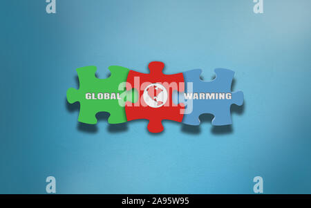 Global Warming title on jigsaw puzzles with symbol In the middle against blue background. High quality image ready for all your social media and print Stock Photo