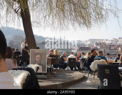 Restaurant Lávka next to the Smetana museum has open air service with view of the Charles Bridge a landmark in Prague Czech Republic Stock Photo