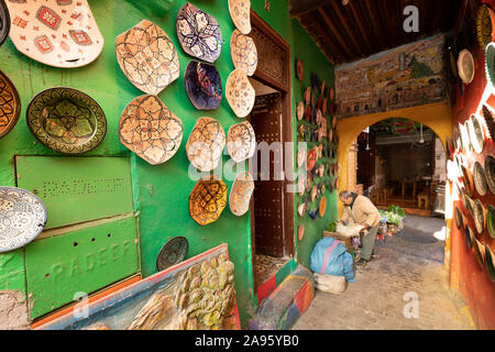 Fez, Morocco. November 9, 2019.  stalls of artisan pottery vendors in the medina Stock Photo