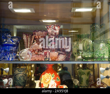 Bohemian and Cech glass and crystal are sought after souvenirs for visitors in Prague, Czech Republic, colorful window display Stock Photo