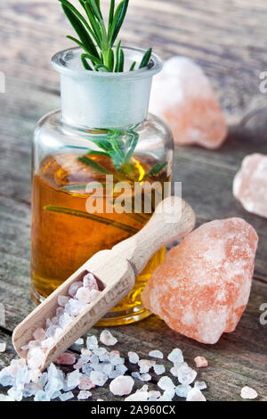 Natural cosmetics with Himalaya salt and oil Stock Photo