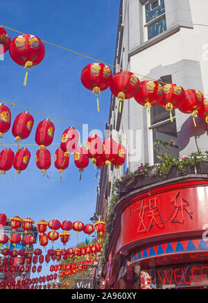 London, Soho. Chinese lanterns decorating Wardour Street. Stock Photo
