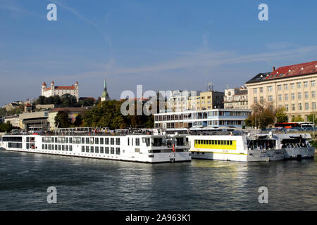 Cruise boats dominate the waterfront in Budapest, Hungary Stock Photo