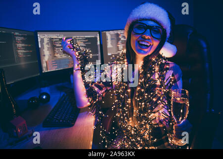 Photo of skilled it specialist business lady with sparkling wine glass came to corporate newyear theme party say toasts wear many garland lights santa