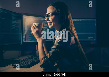 Photo of professional resting relaxing girl smiling toothily pleased about having done all necessary work drinking tea in spectacles Stock Photo