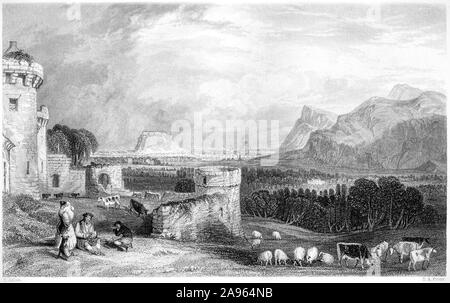 An engraving of Edinburgh from Craigmillar Castle Midlothian scanned at high resolution from a book printed in 1859. Believed copyright free. Stock Photo
