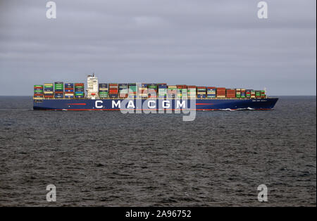 The French CMA CGM 'AQUILA' Container Ship Sailing out of the Harbour in the bay of Gibraltar, Europe, EU. Stock Photo
