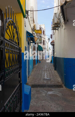 Asilah, Morocco-September 10, 2019: Narrow old street  in the medina of Asilah, Morocco Stock Photo