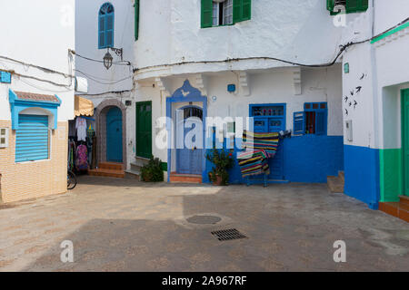 Asilah, Morocco-September 10, 2019: Old colorful street view in the medina of Asilah, Morocco Stock Photo