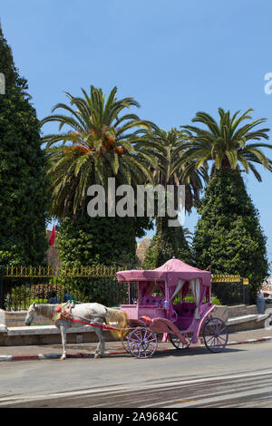 Asilah, Morocco-September 10, 2019: Horse carriage in the village Asilah waiting for customers, Morocco Stock Photo