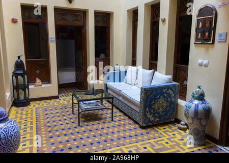 Asilah, Morocco-September 10, 2019: Interior of a traditional riad in the medina of Asilah, Morocco Stock Photo