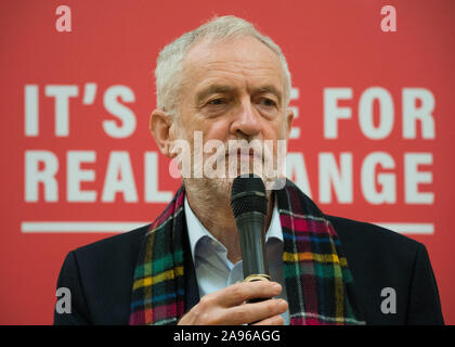 Glasgow, UK. 13th Nov, 2019. Pictured: Jeremy Corbyn MP - Leader of the Labour Party. Labour Leader Jeremy Corbyn tours key constituencies in Scotland as part of the biggest people-powered campaign in the history of our country. Jeremy Corbyn addresses Labour activists and campaign across key seats in Scotland alongside Scottish Labour candidates. Credit: Colin Fisher/Alamy Live News Stock Photo