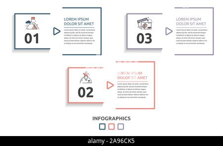Vector flat infographic template. Line square with text and icons for three diagrams, graph, flowchart, timeline, marketing, presentation. Business Stock Vector