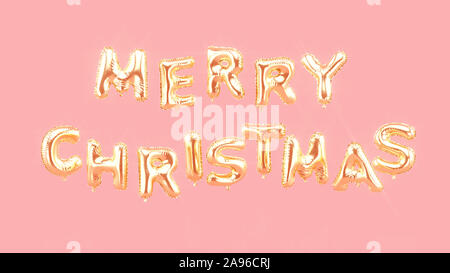 Merry Christmas golden foil balloons composition. Festive golden foil balloons typography. 3d rendering. Stock Photo